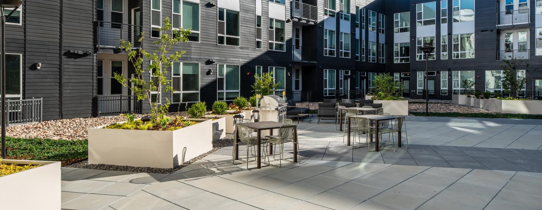 a courtyard in front of a building