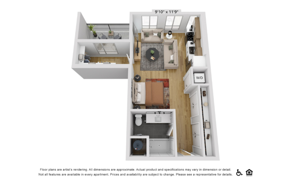 E10c - Studio floorplan layout with 1 bathroom and 618 square feet