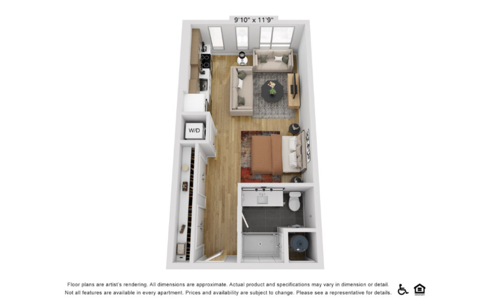 E10a - Studio floorplan layout with 1 bathroom and 544 square feet