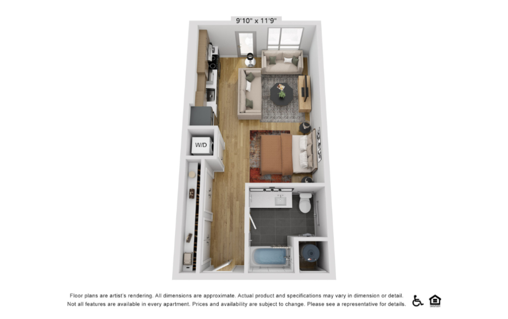 E10b - Studio floorplan layout with 1 bathroom and 544 square feet