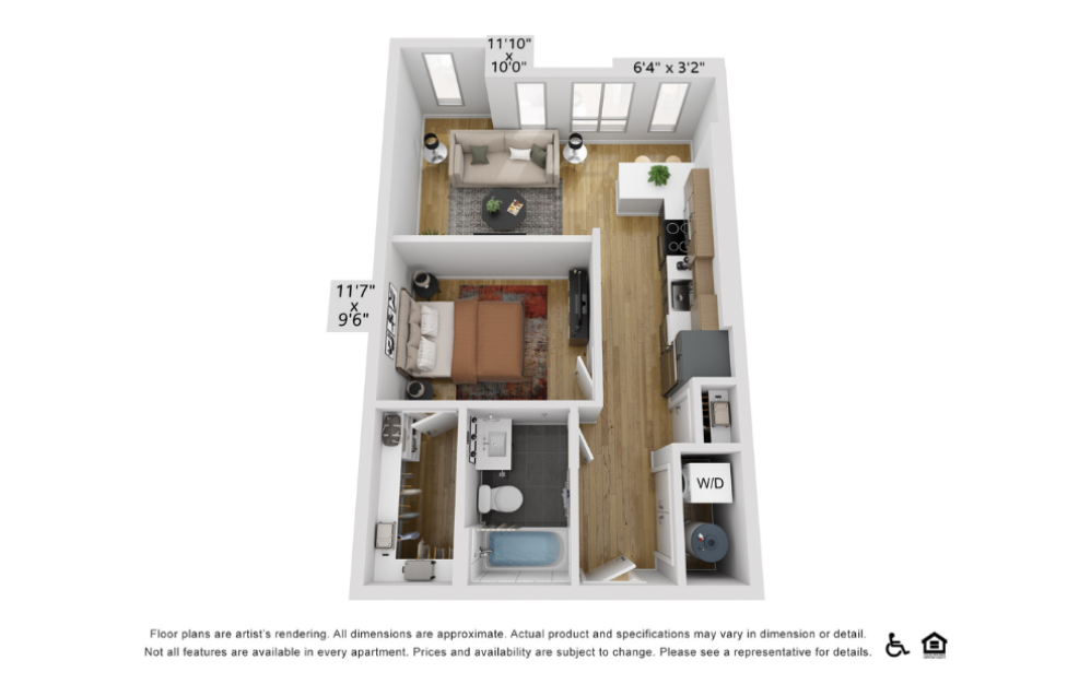 A10a - 1 bedroom floorplan layout with 1 bathroom and 600 square feet