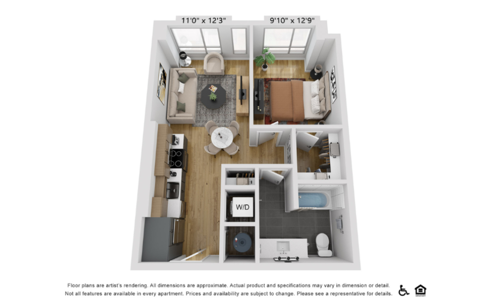 A10b - 1 bedroom floorplan layout with 1 bathroom and 615 square feet