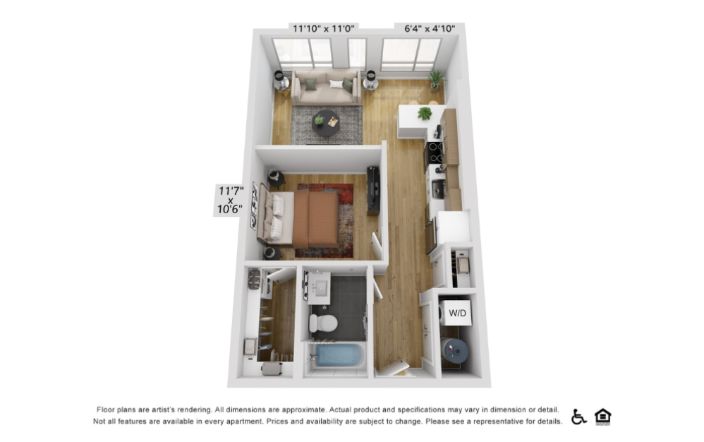 A10d - 1 bedroom floorplan layout with 1 bathroom and 640 square feet