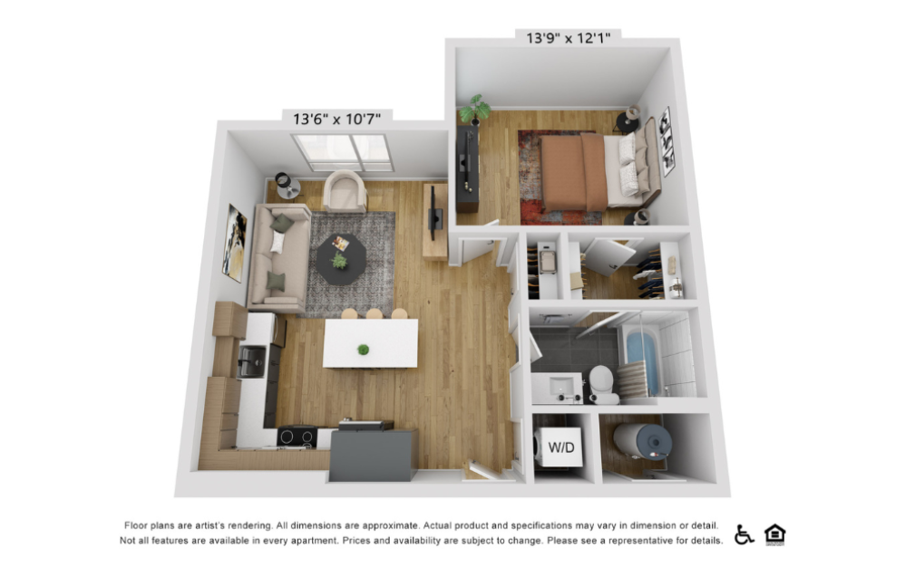 A10e - 1 bedroom floorplan layout with 1 bathroom and 694 square feet