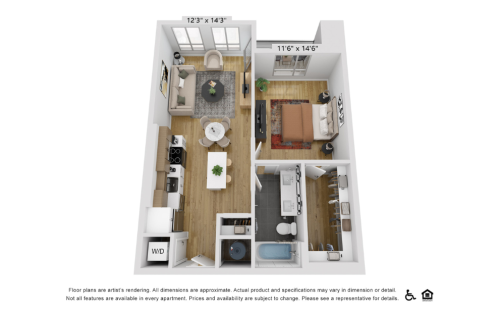 A10f - 1 bedroom floorplan layout with 1 bathroom and 725 square feet