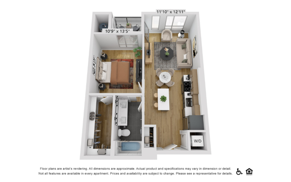 A10g - 1 bedroom floorplan layout with 1 bathroom and 729 square feet