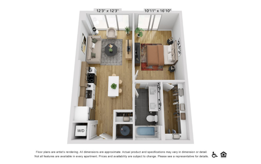 A10h - 1 bedroom floorplan layout with 1 bathroom and 730 square feet