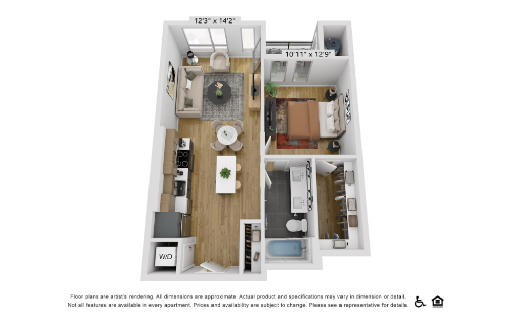 A10j - 1 bedroom floorplan layout with 1 bathroom and 739 square feet