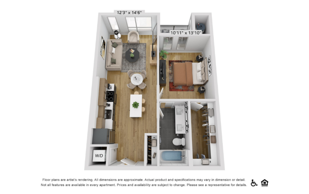 A10k - 1 bedroom floorplan layout with 1 bathroom and 742 square feet