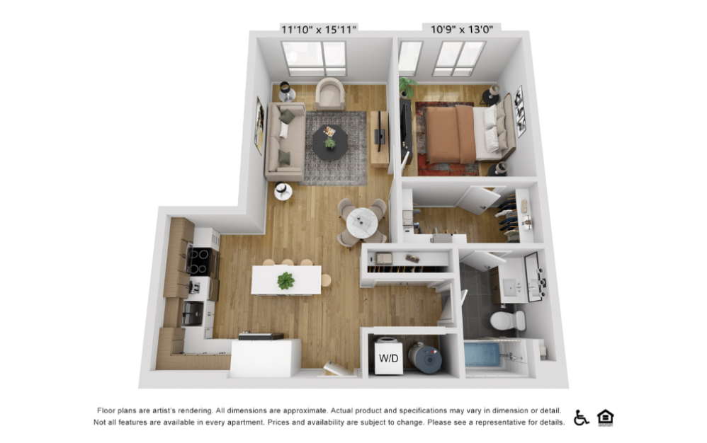 A10n - 1 bedroom floorplan layout with 1 bathroom and 775 square feet