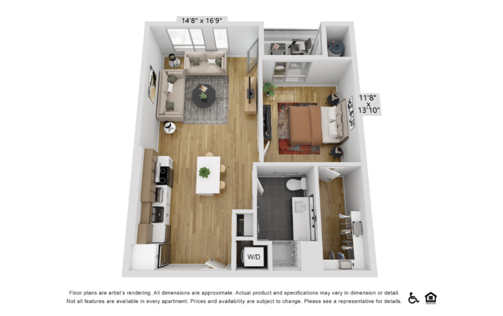 A10r - 1 bedroom floorplan layout with 1 bathroom and 835 square feet