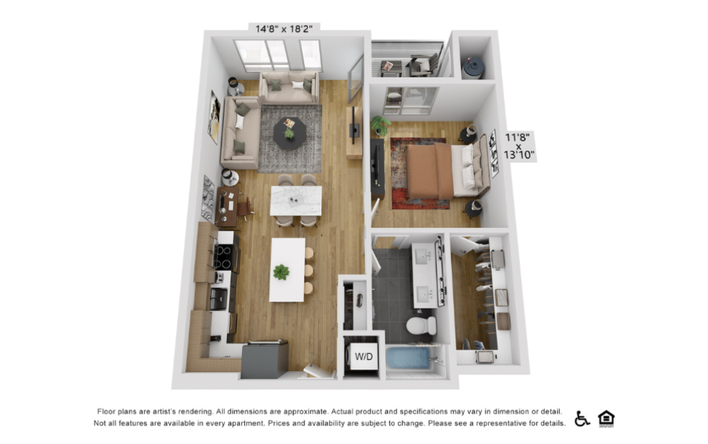 A10s - 1 bedroom floorplan layout with 1 bathroom and 835 square feet