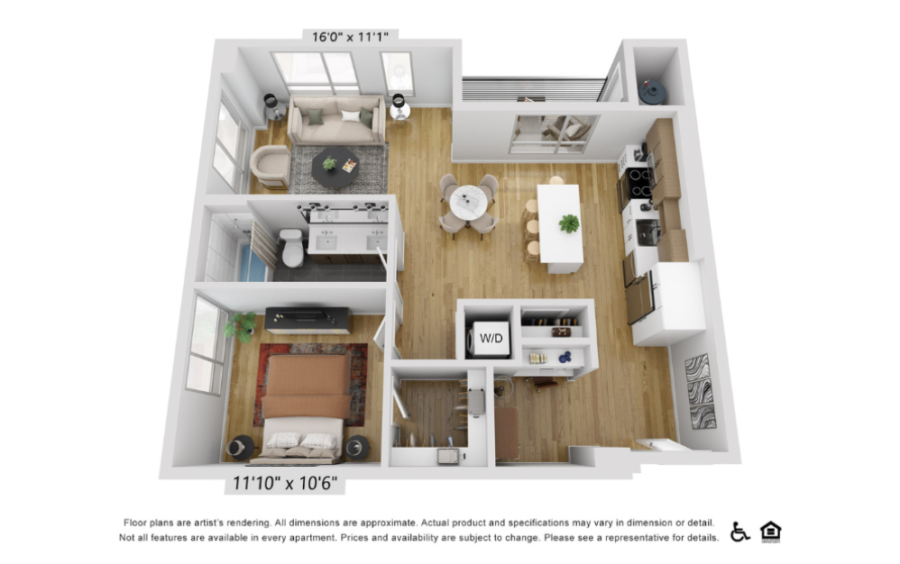 A10w - 1 bedroom floorplan layout with 1 bathroom and 868 square feet