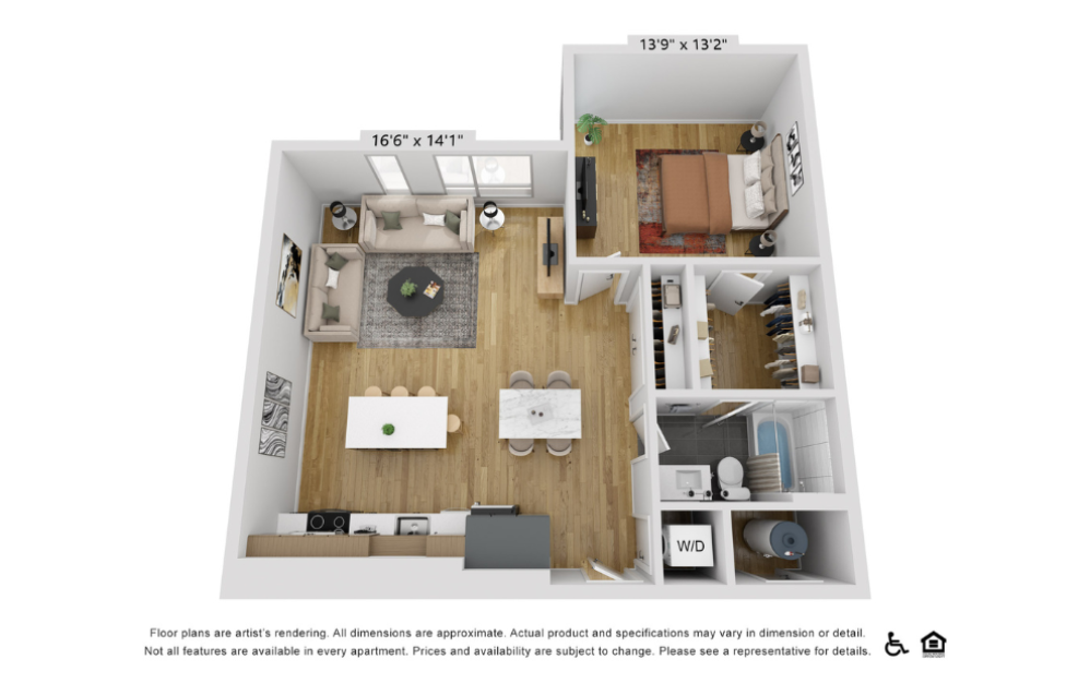 A10x - 1 bedroom floorplan layout with 1 bathroom and 877 square feet