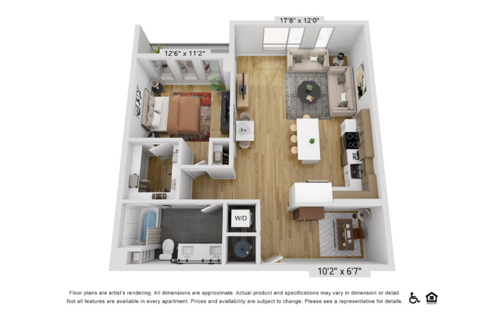 A10y - 1 bedroom floorplan layout with 1 bathroom and 938 square feet