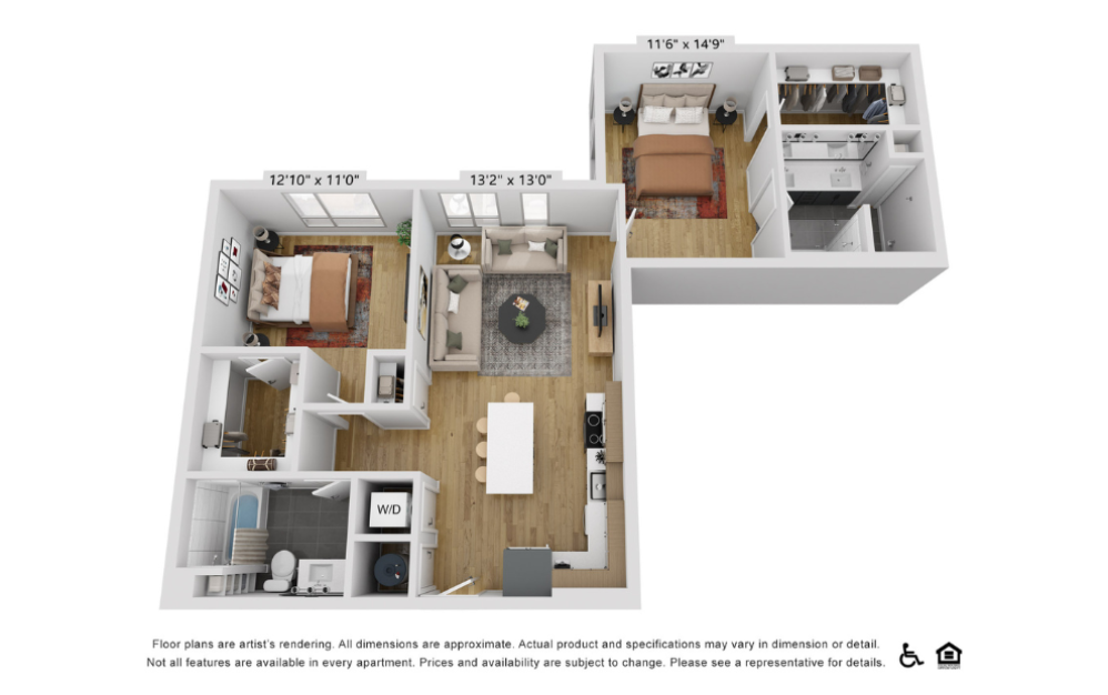 B20a - 2 bedroom floorplan layout with 2 bathrooms and 1068 square feet