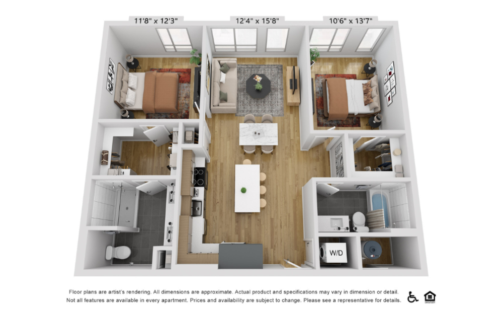 B20b - 2 bedroom floorplan layout with 2 bathrooms and 1080 square feet