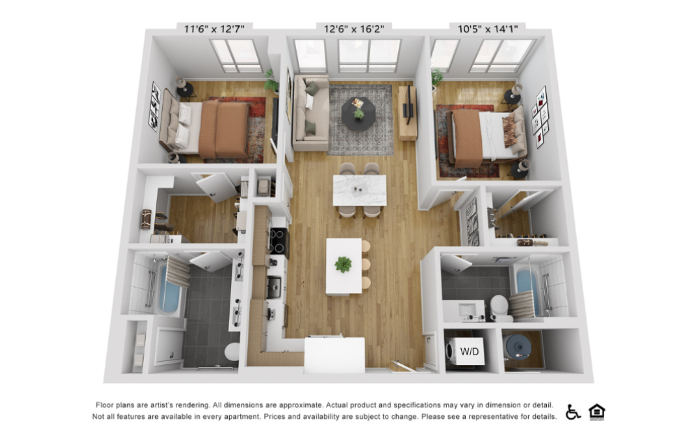 B20c - 2 bedroom floorplan layout with 2 bathrooms and 1080 square feet