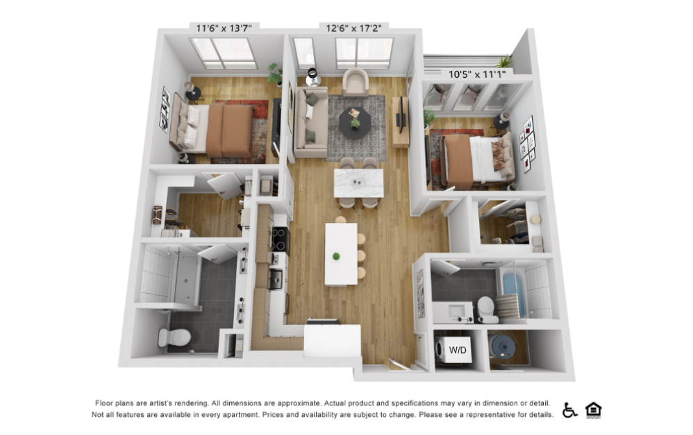 B20d - 2 bedroom floorplan layout with 2 bathrooms and 1080 square feet