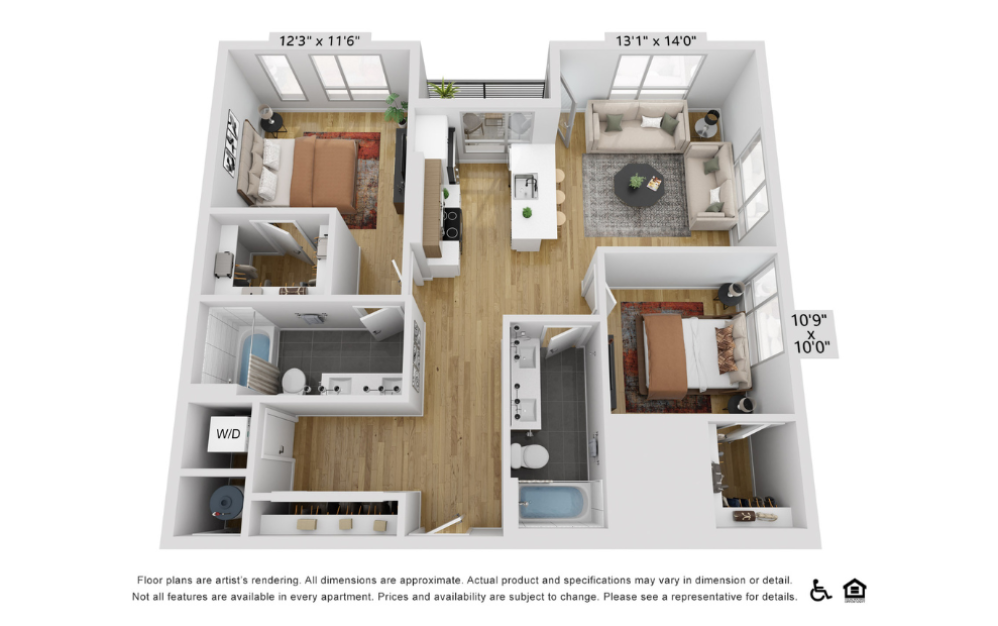 B20e - 2 bedroom floorplan layout with 2 bathrooms and 1088 square feet