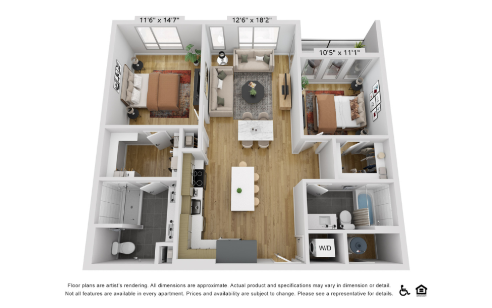 B20f - 2 bedroom floorplan layout with 2 bathrooms and 1098 square feet