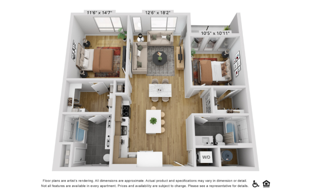 B20g - 2 bedroom floorplan layout with 2 bathrooms and 1098 square feet