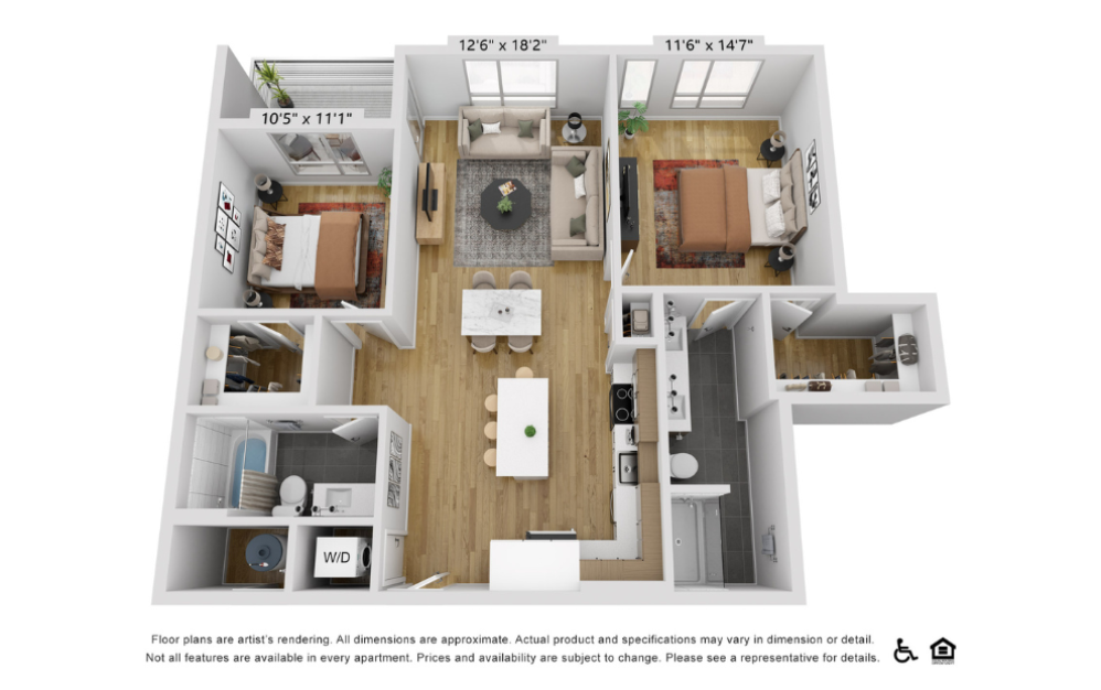 B20h - 2 bedroom floorplan layout with 2 bathrooms and 1102 square feet