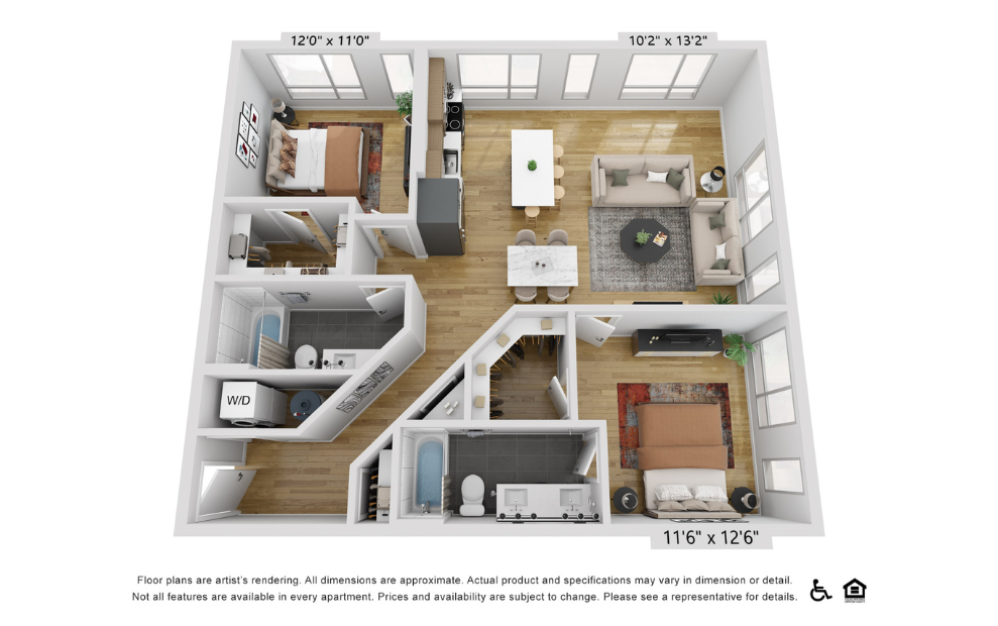 B20i - 2 bedroom floorplan layout with 2 bathrooms and 1133 square feet