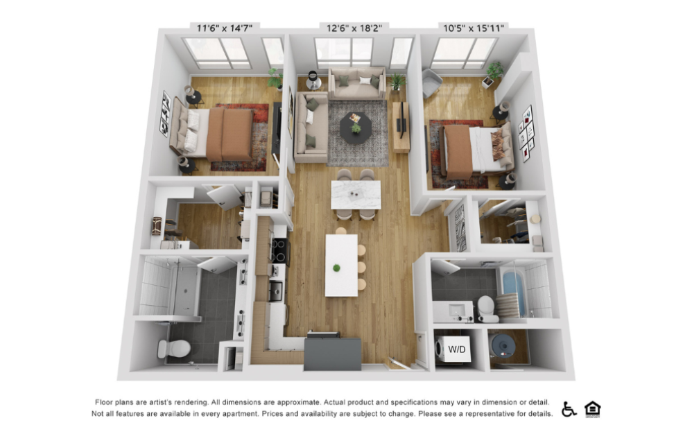 B20j - 2 bedroom floorplan layout with 2 bathrooms and 1152 square feet