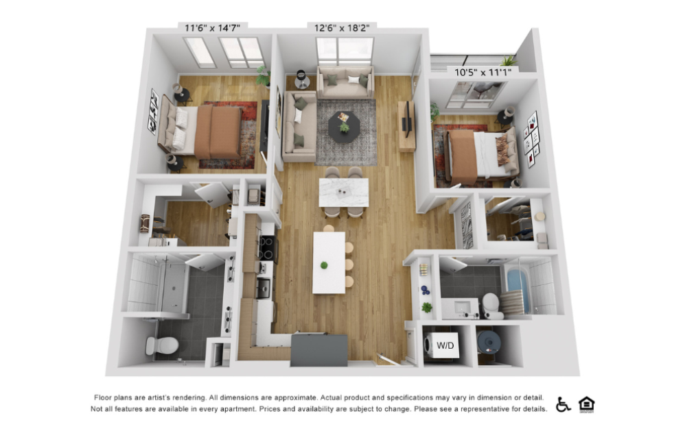 B20k - 2 bedroom floorplan layout with 2 bathrooms and 1167 square feet