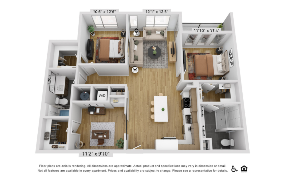 B20l - 2 bedroom floorplan layout with 2 bathrooms and 1258 square feet