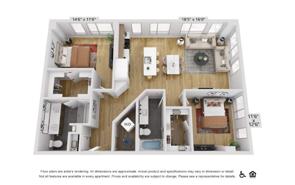 B20m - 2 bedroom floorplan layout with 2 bathrooms and 1303 square feet