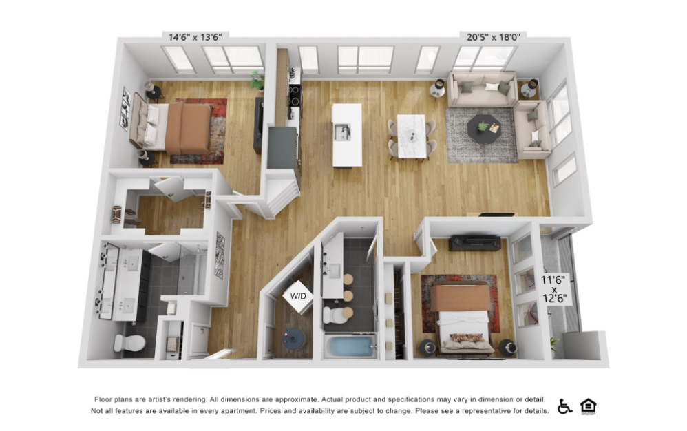 B20n - 2 bedroom floorplan layout with 2 bathrooms and 1390 square feet